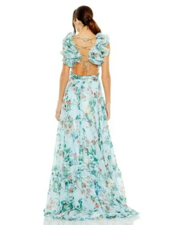 Mac Duggal Blue Chiffon V-Neck Sleeveless Cut-Out Lace Up Back Gown - Picture 3 of 8